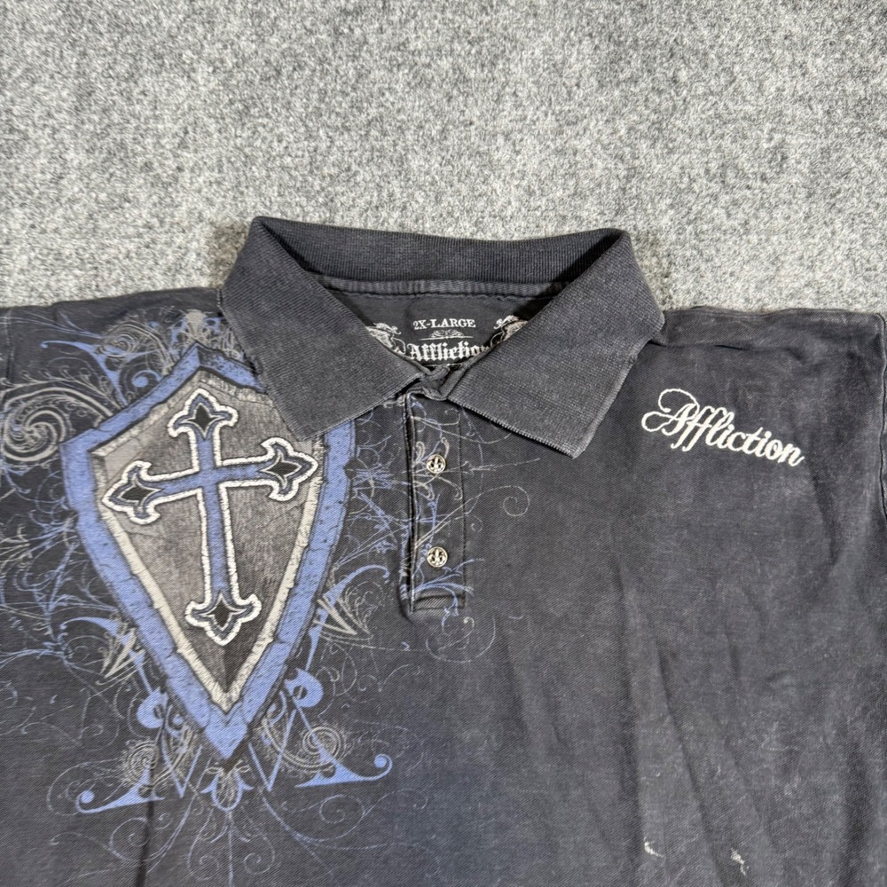 Affliction Mens 2XL Black Graphic Polo Shirt Cross Winged Lion Est Ars Vitae